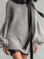 Grey Fuzzy Mohair Knit Mini Jumper Dress with Sequin Lace Trim and Black Satin Bow