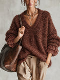Brown Sparkle Fuzzy Knit Oversized Lace Cuff Jumper