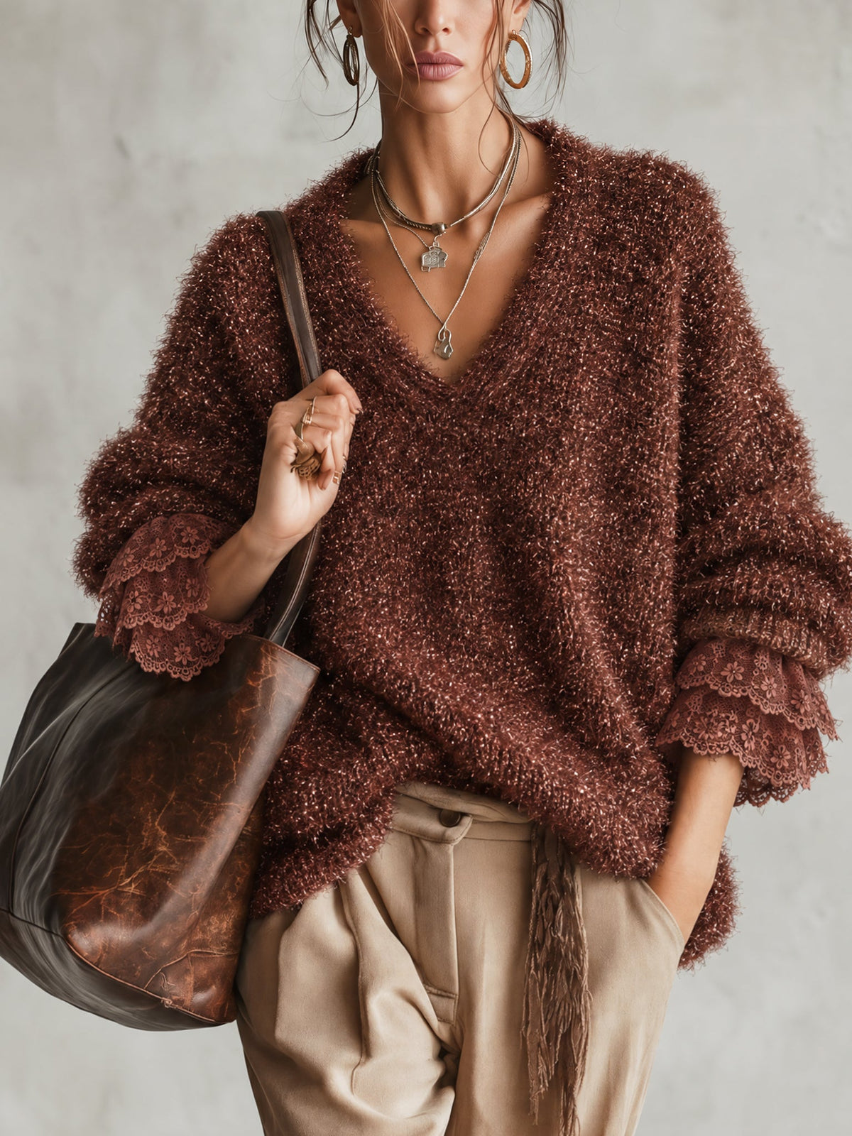 Brown Sparkle Fuzzy Knit Oversized Lace Cuff Jumper