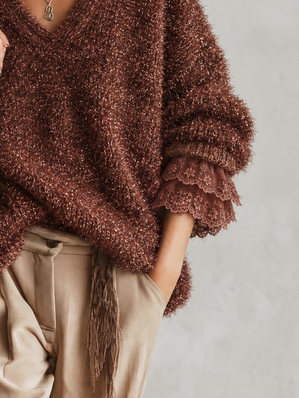 Brown Sparkle Fuzzy Knit Oversized Lace Cuff Jumper