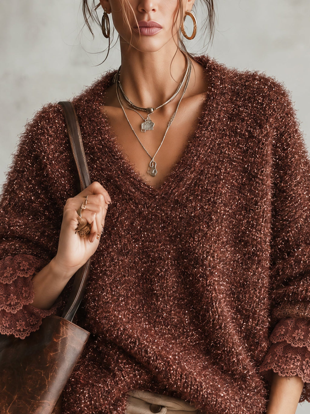 Brown Sparkle Fuzzy Knit Oversized Lace Cuff Jumper