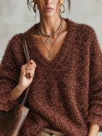 Brown Sparkle Fuzzy Knit Oversized Lace Cuff Jumper