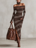 Brown Off Shoulder Leopard Colour-block Knit Bodycon Dress