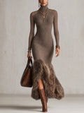 Taupe High Stretch Knit Maxi Dress with Faux Fur Hem