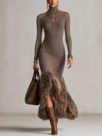 Taupe High Stretch Knit Maxi Dress with Faux Fur Hem
