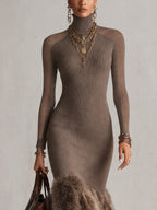 Taupe High Stretch Knit Maxi Dress with Faux Fur Hem