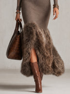 Taupe High Stretch Knit Maxi Dress with Faux Fur Hem