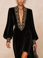 Black Velvet Midi Dress with Gold Embroidered Trim