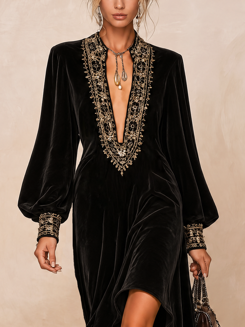 Black Velvet Midi Dress with Gold Embroidered Trim