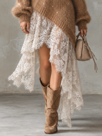 Brown Sequin Mohair V-Neck Midi Dress with Lace Asymmetrical Hem