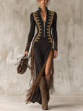 Black Military Style Maxi Dress with Gold Embroidery and Fringe