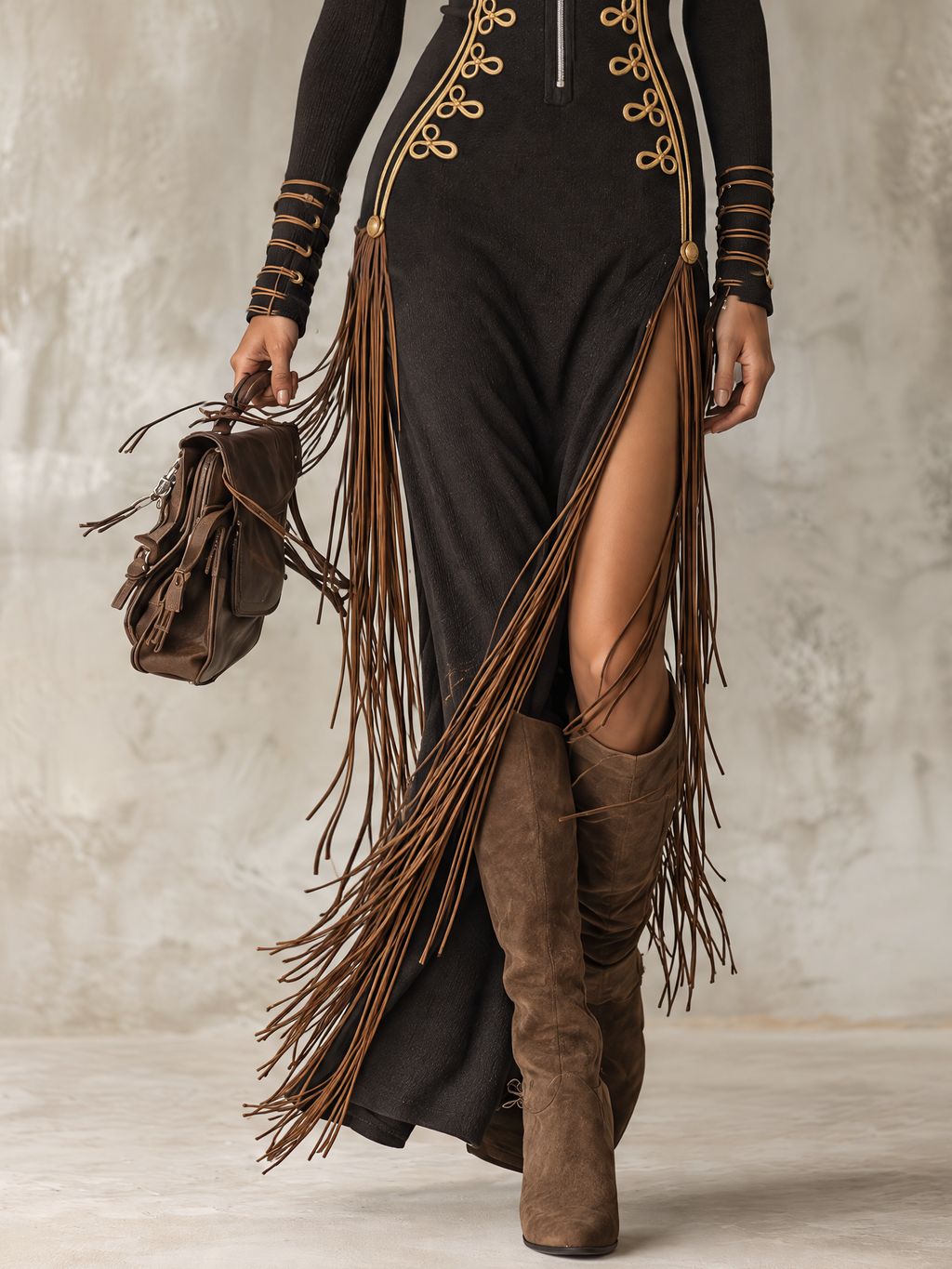 Black Military Style Maxi Dress with Gold Embroidery and Fringe
