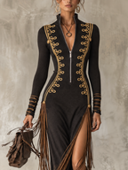 Black Military Style Maxi Dress with Gold Embroidery and Fringe