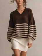 Brown Striped V-Neck Oversized Knit Mini Dress