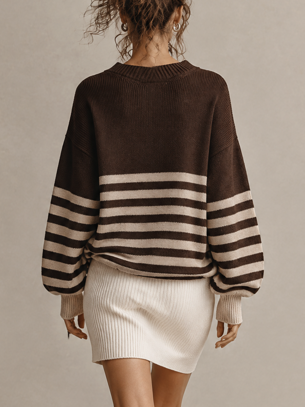Brown Striped V-Neck Oversized Knit Mini Dress