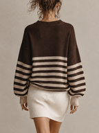 Brown Striped V-Neck Oversized Knit Mini Dress