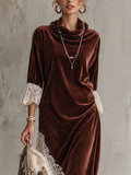 Burgundy Cowl Neck Velvet Midi Dress with Irregular Lace Hem