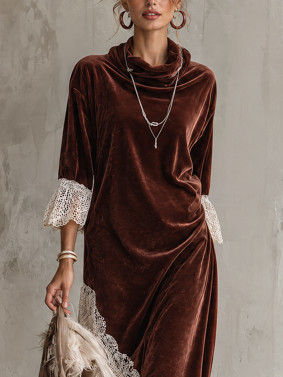 Burgundy Cowl Neck Velvet Midi Dress with Irregular Lace Hem