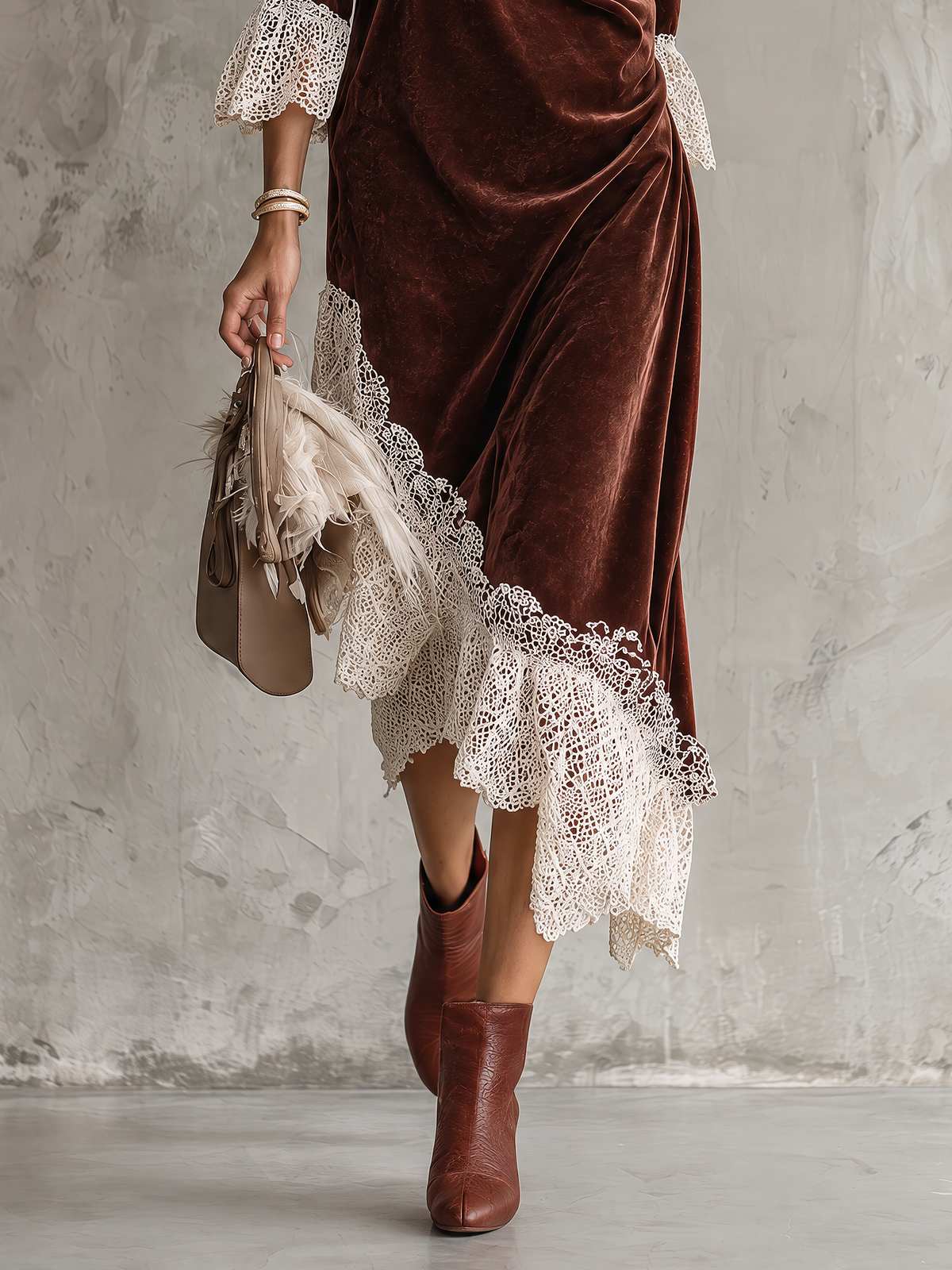Burgundy Cowl Neck Velvet Midi Dress with Irregular Lace Hem