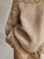 Beige Oversized Roll Neck Jumper with Pearl and Bead Embellishment
