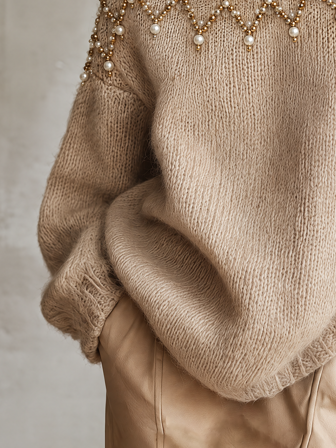 Beige Oversized Roll Neck Jumper with Pearl and Bead Embellishment