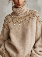 Beige Oversized Roll Neck Jumper with Pearl and Bead Embellishment