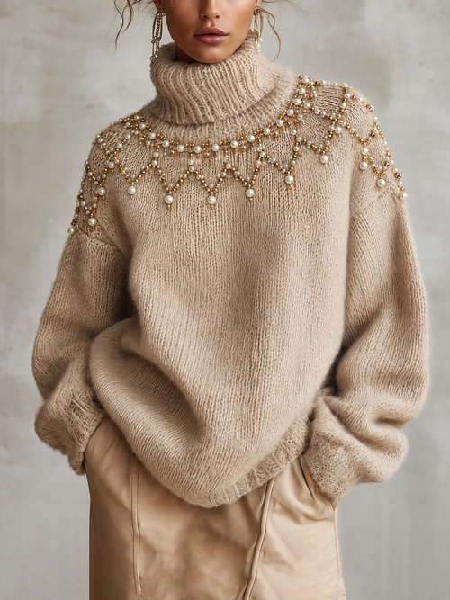 Beige Oversized Roll Neck Jumper with Pearl and Bead Embellishment