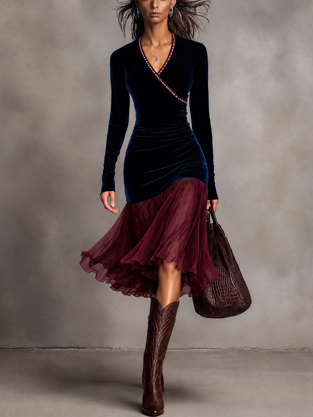 Navy Velvet Wrap V-Neck with Burgundy Chiffon Ruffle Hem Midi Dress