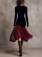 Navy Velvet Wrap V-Neck with Burgundy Chiffon Ruffle Hem Midi Dress
