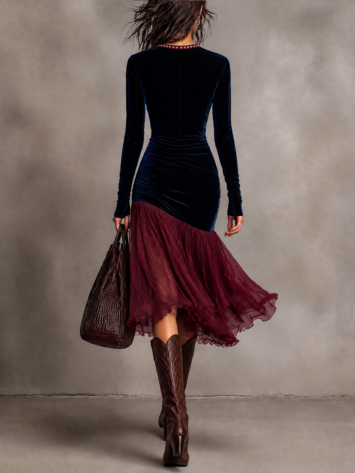 Navy Velvet Wrap V-Neck with Burgundy Chiffon Ruffle Hem Midi Dress