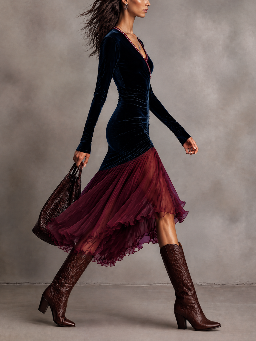 Navy Velvet Wrap V-Neck with Burgundy Chiffon Ruffle Hem Midi Dress