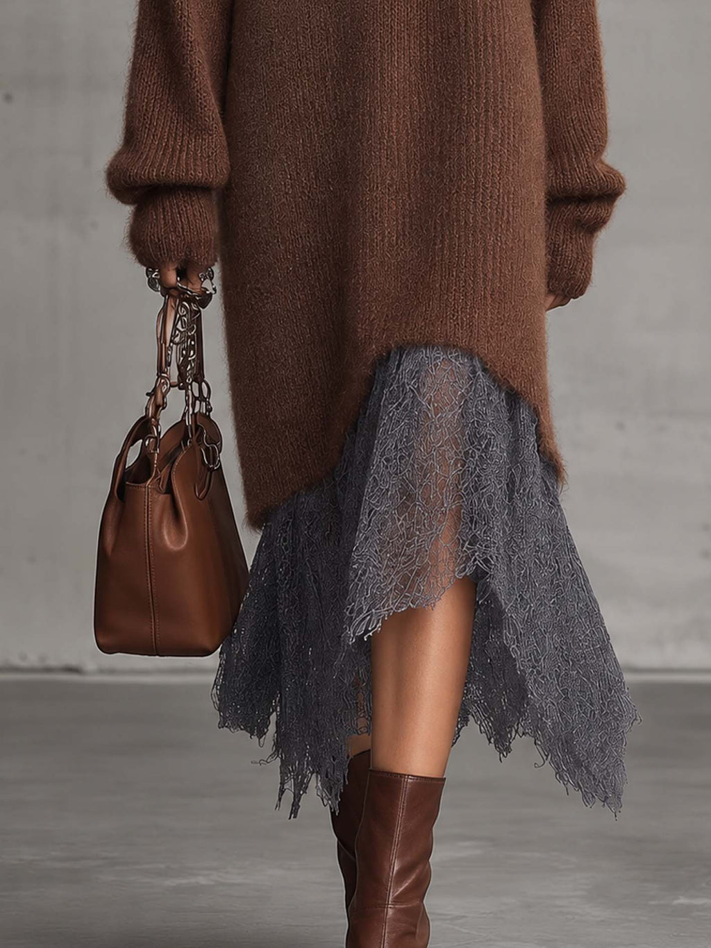 Chocolate Brown Fuzzy Mohair Knit Midi Dress with Contrast Lace Hem