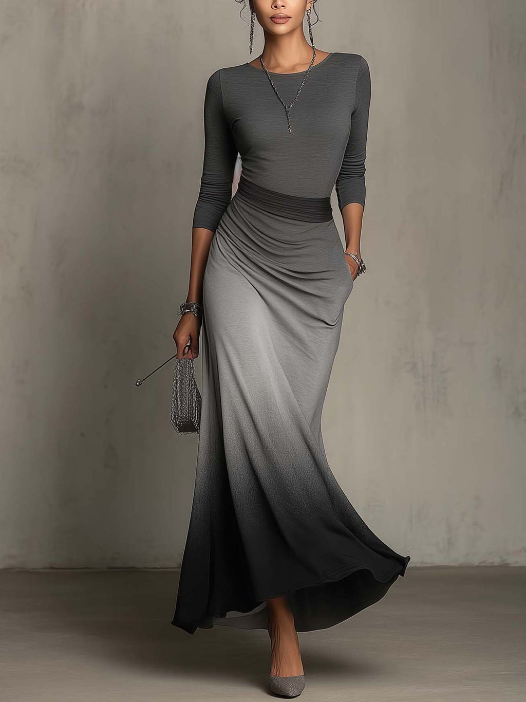 Gradient Grey to Black Patchwork Bodycon Maxi Dress with Ribbed Waist