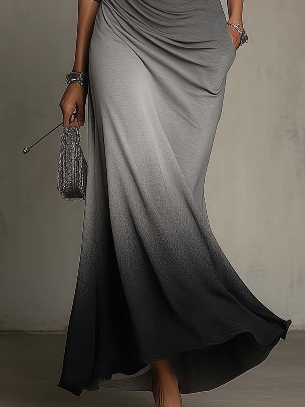 Gradient Grey to Black Patchwork Bodycon Maxi Dress with Ribbed Waist