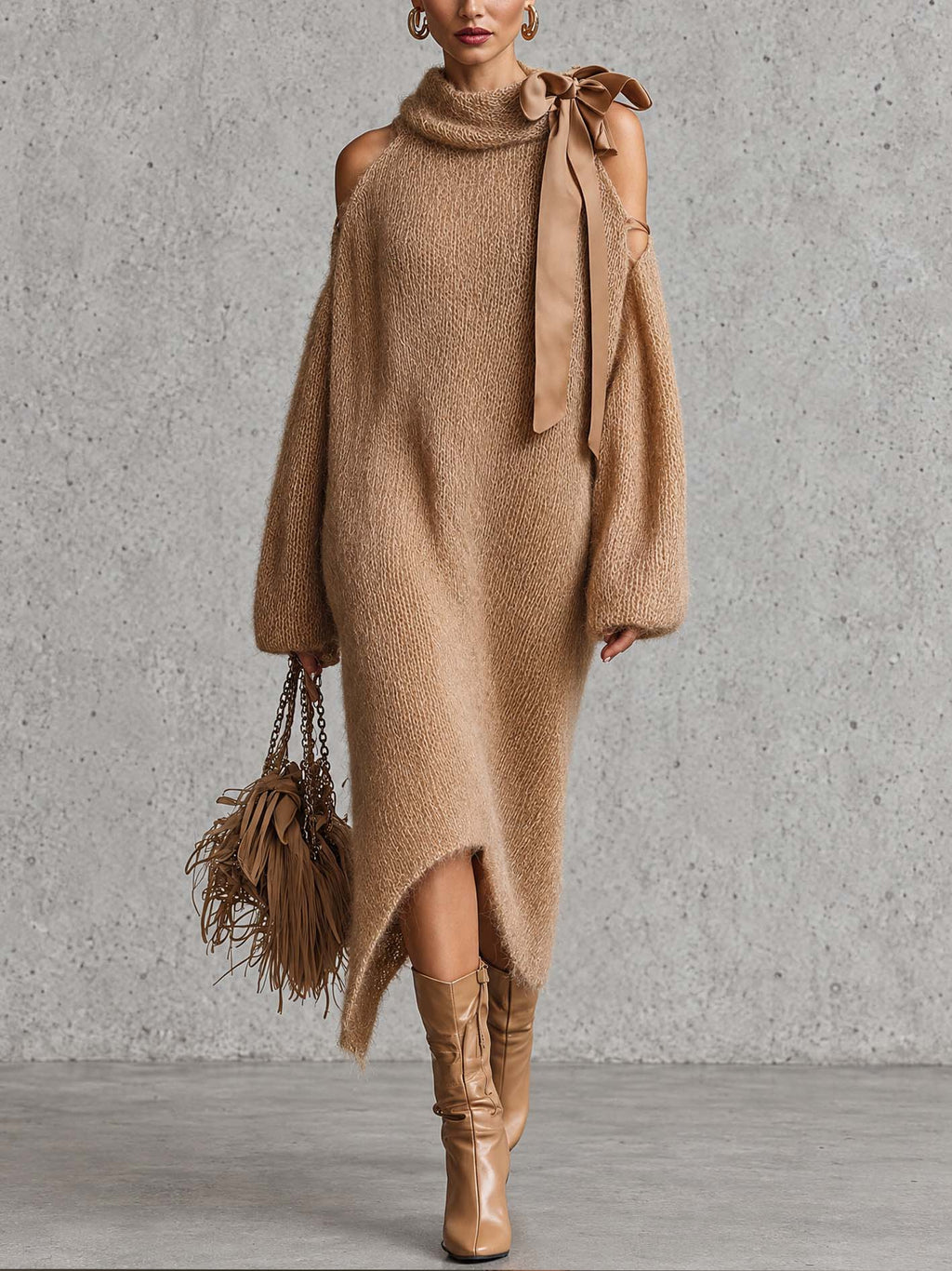 Camel Fuzzy Mohair Knit Midi Dress with Cold Shoulder Cutouts and Satin Bow