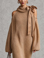 Camel Fuzzy Mohair Knit Midi Dress with Cold Shoulder Cutouts and Satin Bow