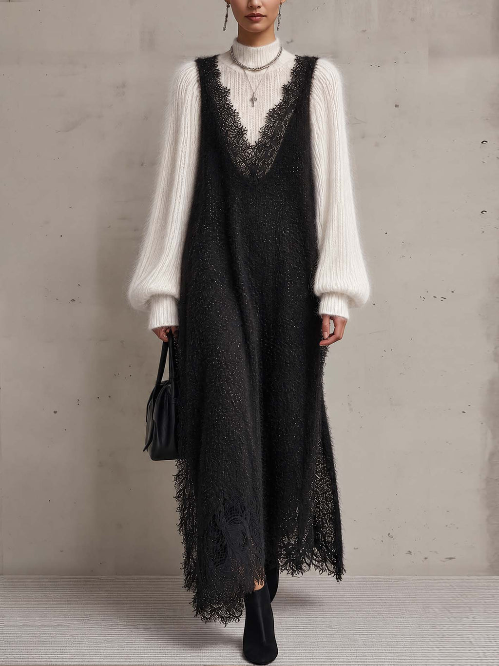 Black and Ivory Colour-block Knit Maxi Dress Set with Sheer Lace Trim and Mohair Roll Neck