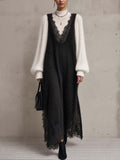 Black and Ivory Colour-block Knit Maxi Dress Set with Sheer Lace Trim and Mohair Roll Neck