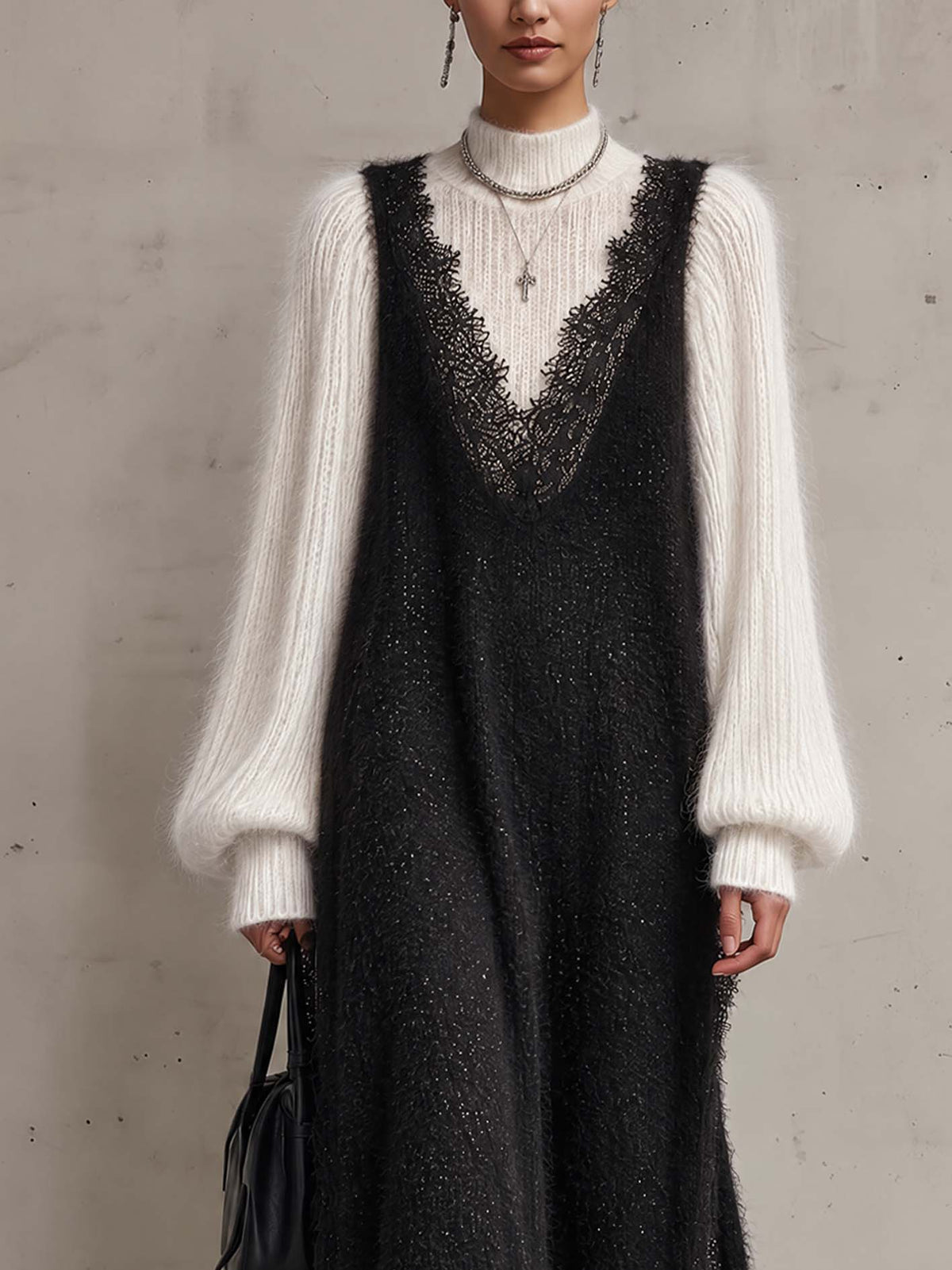 Black and Ivory Colour-block Knit Maxi Dress Set with Sheer Lace Trim and Mohair Roll Neck