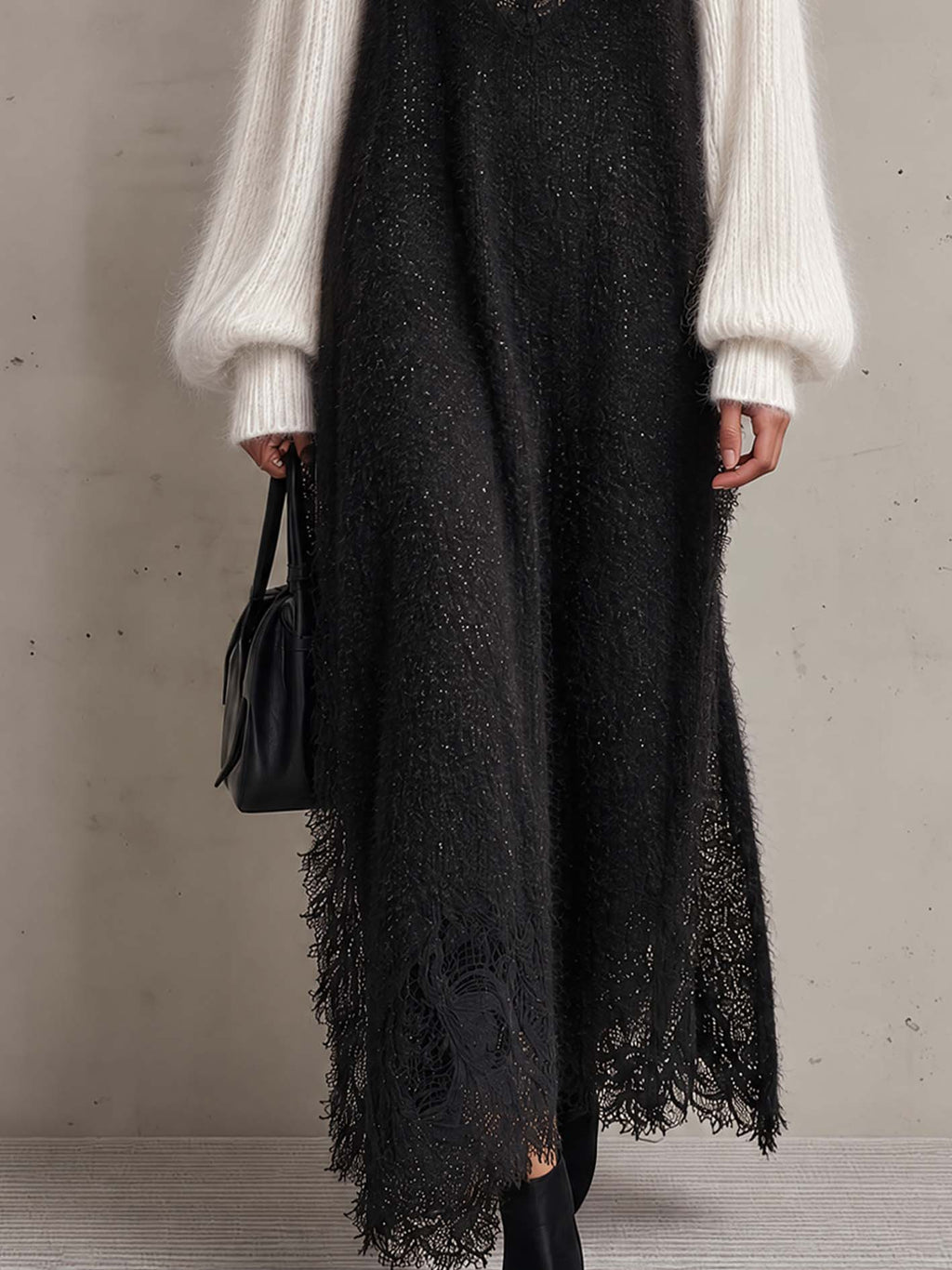 Black and Ivory Colour-block Knit Maxi Dress Set with Sheer Lace Trim and Mohair Roll Neck