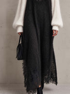 Black and Ivory Colour-block Knit Maxi Dress Set with Sheer Lace Trim and Mohair Roll Neck