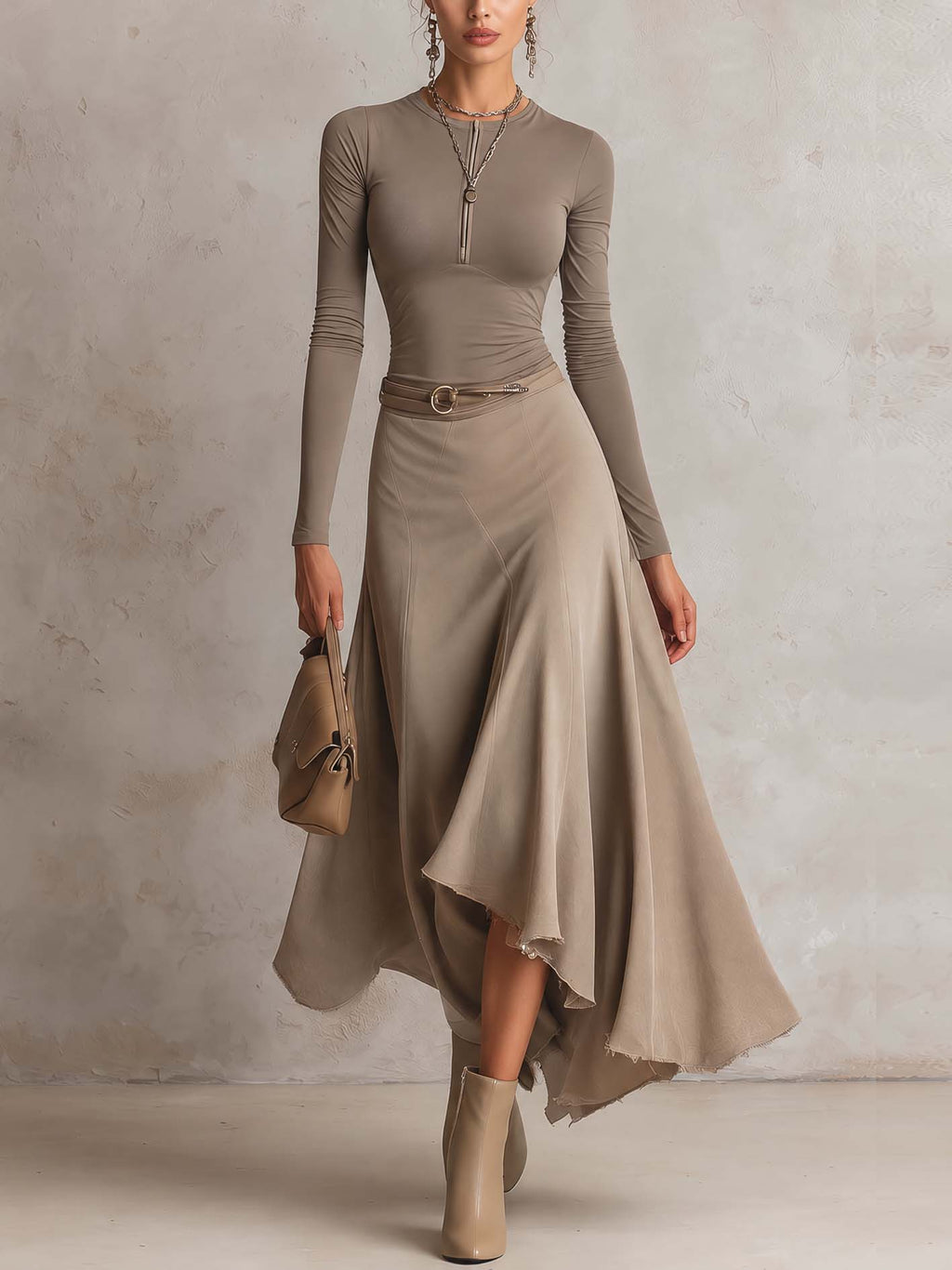Taupe Half-Zip Fitted Top and Faux Suede Asymmetrical Midi Skirt Set with Belt