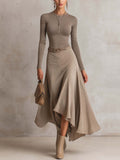 Taupe Half-Zip Fitted Top and Faux Suede Asymmetrical Midi Skirt Set with Belt