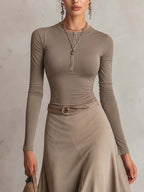 Taupe Half-Zip Fitted Top and Faux Suede Asymmetrical Midi Skirt Set with Belt