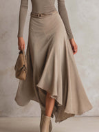 Taupe Half-Zip Fitted Top and Faux Suede Asymmetrical Midi Skirt Set with Belt