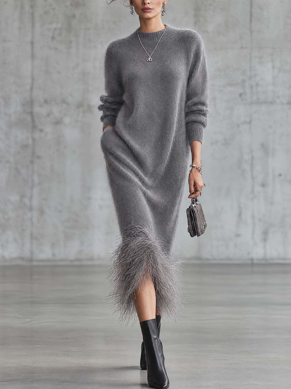 Grey Fluffy Mohair Knit Midi Dress with Faux Ostrich Feather Trim Hem