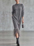 Grey Fluffy Mohair Knit Midi Dress with Faux Ostrich Feather Trim Hem