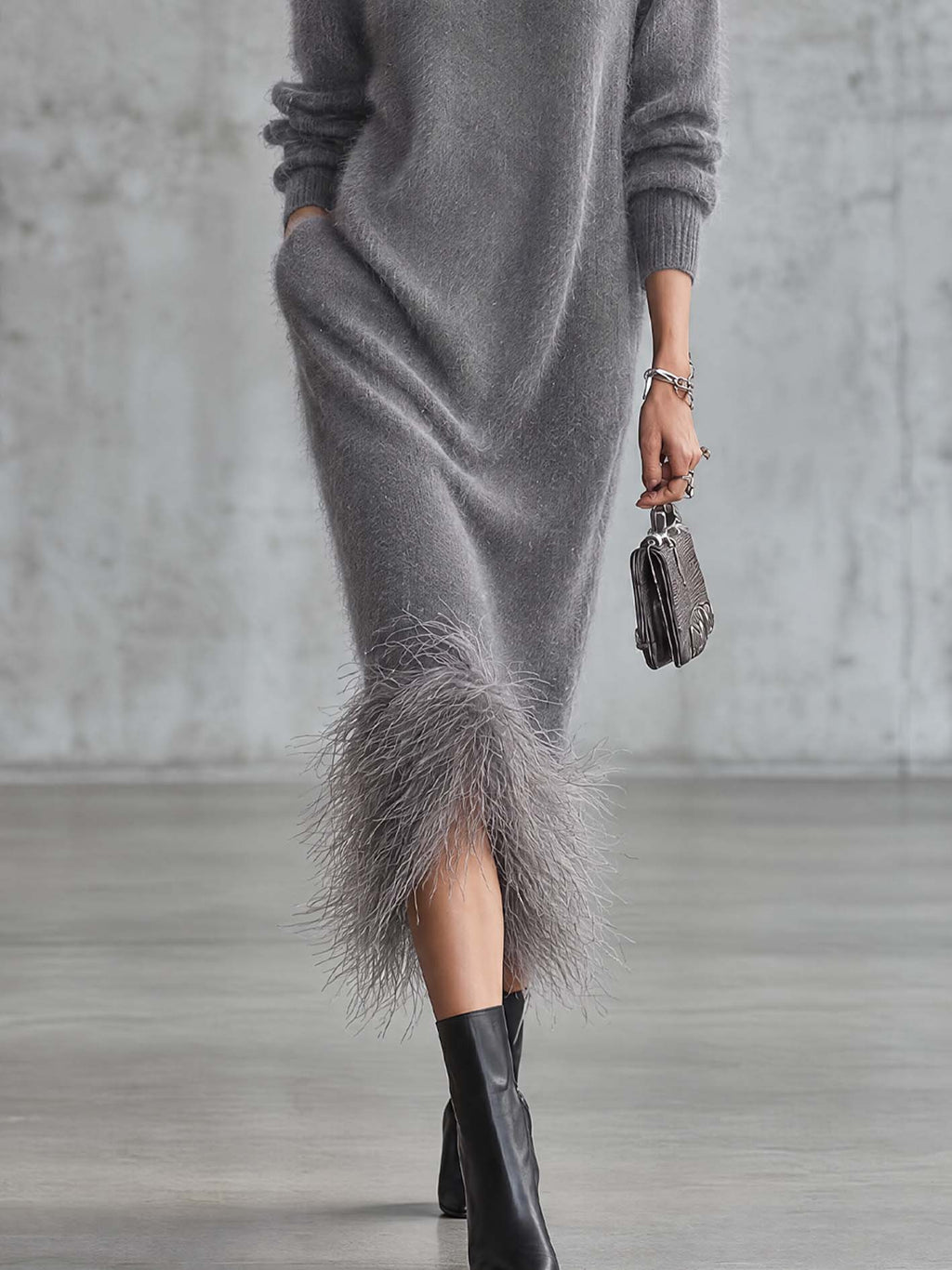 Grey Fluffy Mohair Knit Midi Dress with Faux Ostrich Feather Trim Hem