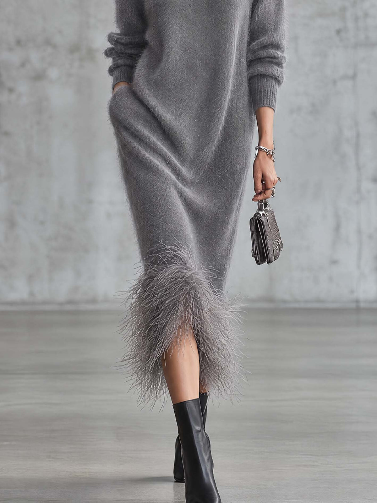 Grey Fluffy Mohair Knit Midi Dress with Faux Ostrich Feather Trim Hem