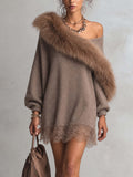 Taupe Knit Mini Jumper Dress Set with Detachable Faux Fur Collar and Lace Hem